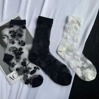 [Tất nữ oklife] Vớ pha lê trong suốt siêu mỏng hoa Jacquard Tất thủy tinh lụa đen trắng hoa giữa ống