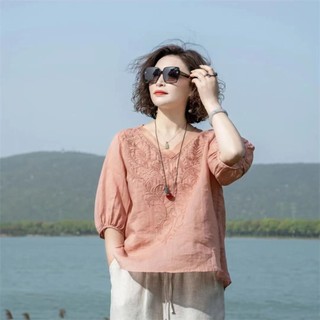 Mùa Hè Mới Thêu Ramie Đa Năng Thời Trang Cotton Và Vải Lanh Áo Sơ Mi Top Retro Áo Sơ Mi Nữ Tay Ngắn Nữ