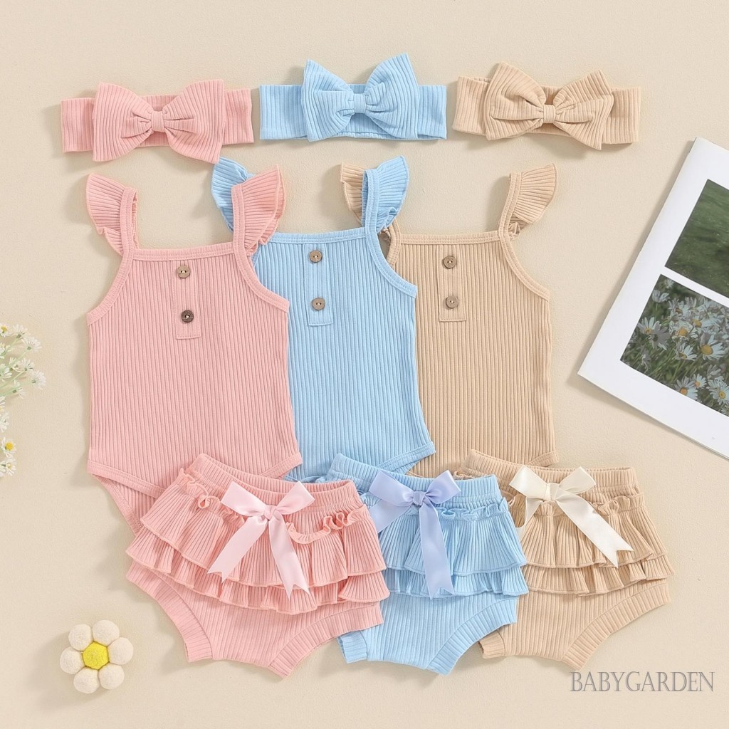 Baga-bộ quần áo 3 món bé gái Áo liền quần có gân màu trơn + Quần short xù co giãn + Băng đô mùa hè