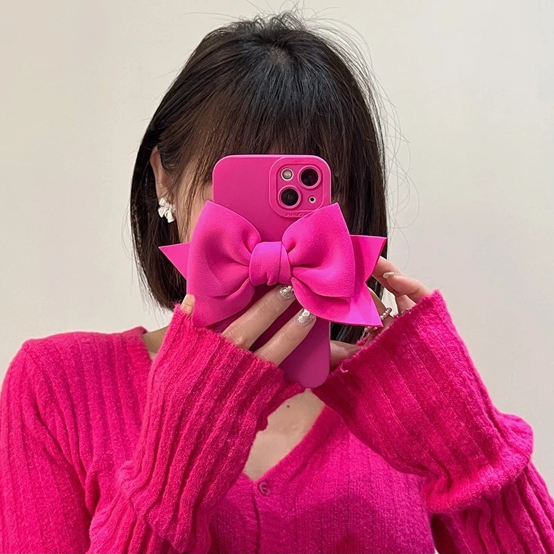 Ốp điện thoại silicon hình nơ 3D màu hồng thời trang cho iPhone 16 15 14 13 12 Pro Max 7 8 Plus X XS Max XR 11 SE Girl Gift Cover