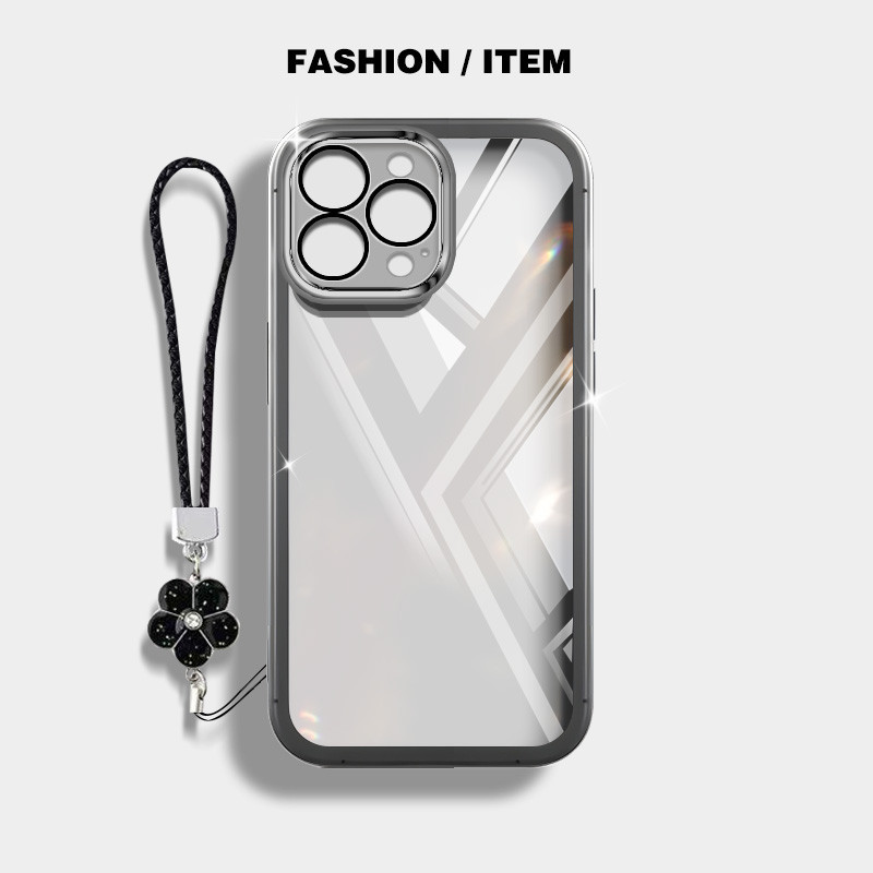 Ốp điện thoại siêu mỏng trong suốt YBD cho iPhone 16 11 Pro Max 12 Pro Max 13 Pro Max 14 Pro Max 15 Pro Max 14 15 Plus Bảo vệ Camera với dây treo dệt cỏ ba lá may mắn