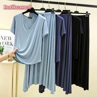 Áo Thun Nữ Váy 2 Bộ Đồng Bằng Mùa Hè Mới Tay Ngắn Cổ Chữ v Áo Sơ Mi Mỏng Rời Lớn Xoay Phù Hợp Với