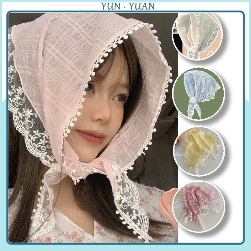 [Yunyuan] Khăn trùm đầu ren hình tam giác kiểu Pháp mùa hè chống nắng mỏng thoáng khí thời trang băng đô