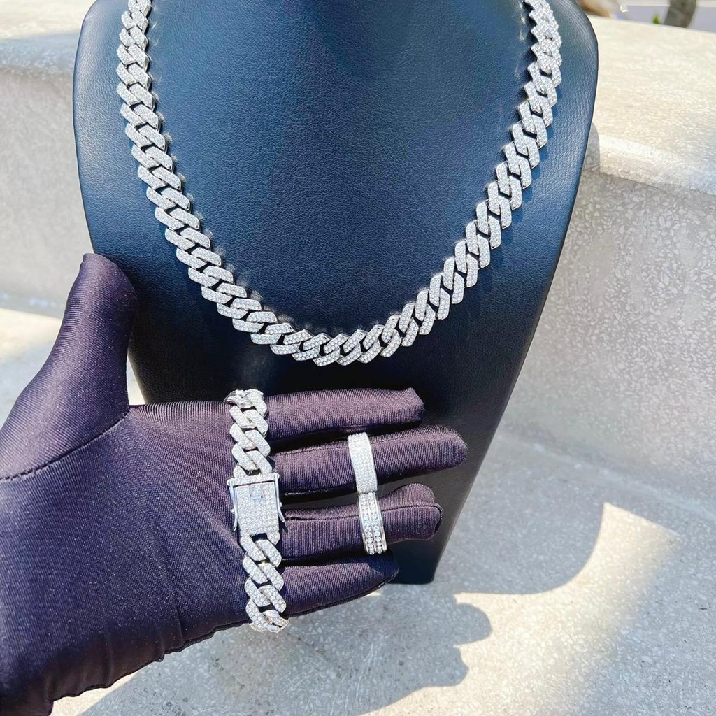[Tặng 2 nhẫn] Set dây chuyền và lắc tay đính đá cuban bling bling ver 2 bản 14mm