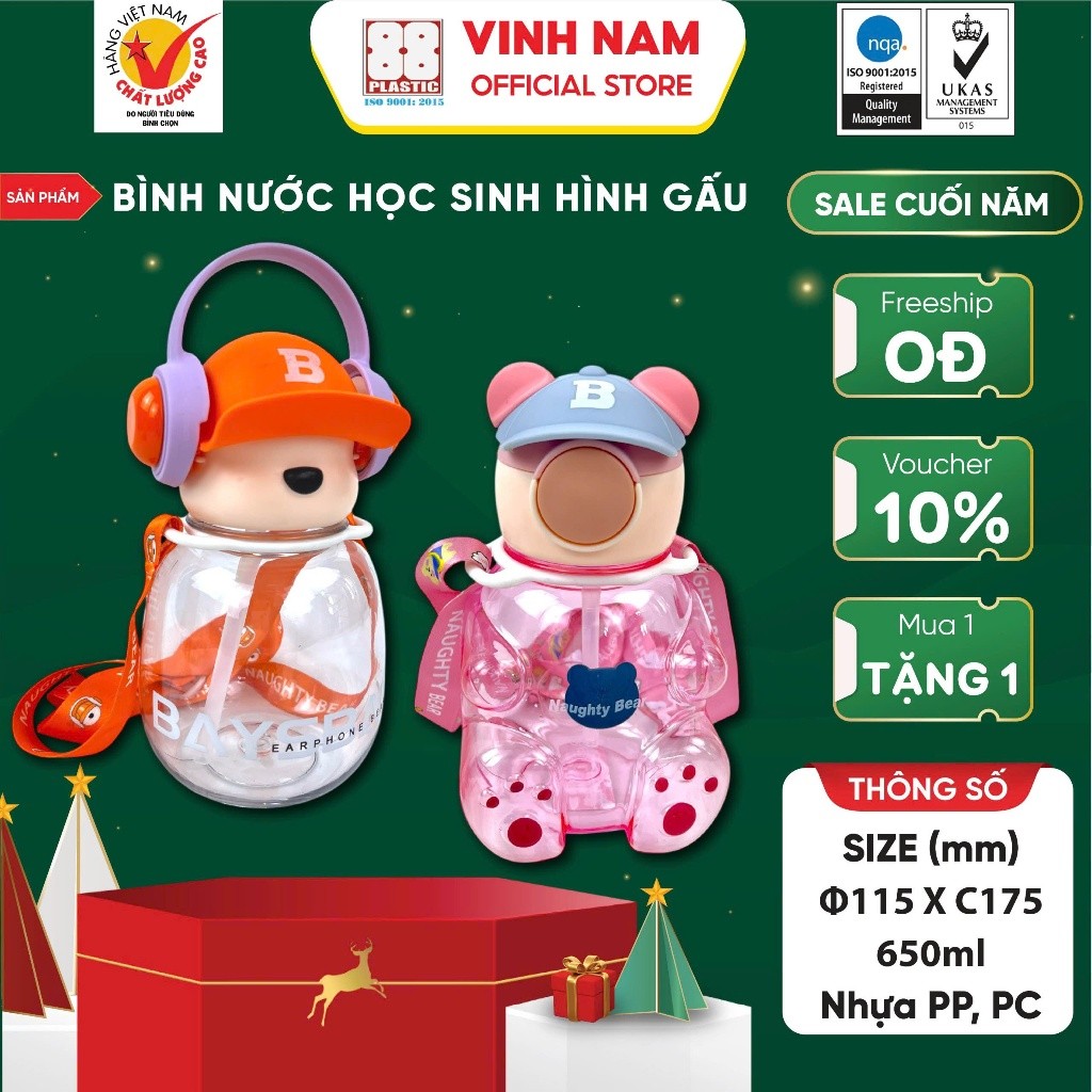 Bình Nước Học Sinh Hình Gấu Vinh Nam Plastic Thiết Kế Dễ Thương Có Quai Tiện Lợi An Toàn Mã 1032