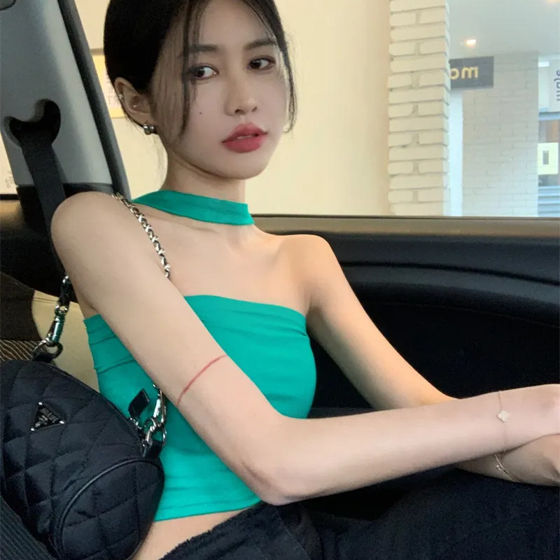 K Dệt Kim Áo Mùa Hè Phong Cách Mới Gợi Cảm Dây Ngắn Camisole Một Vai Dệt Kim Top
