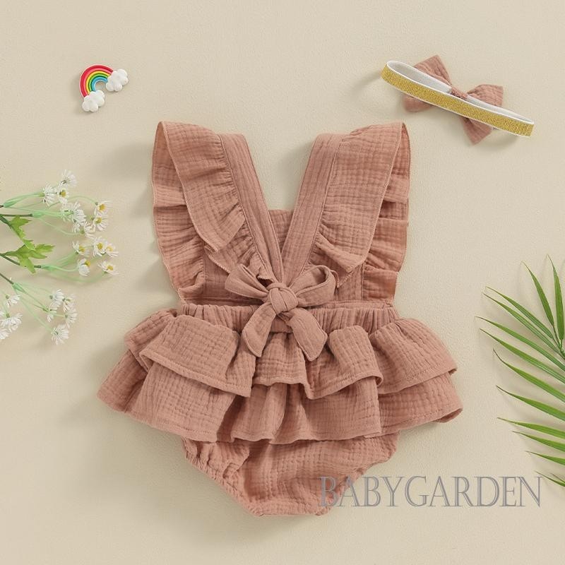 Baga-baby Bé Gái Áo Liền Quần Có Băng Đô Màu Trơn Cổ Vuông Bay Tay Trẻ Sơ Sinh Body Quần Áo Mùa Hè