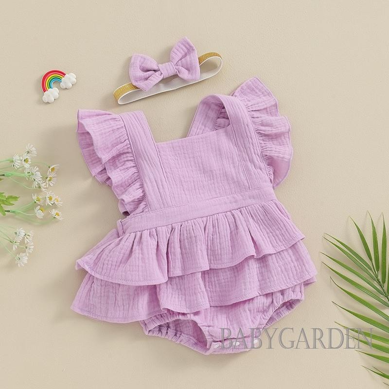 Baga-baby Bé Gái Áo Liền Quần Có Băng Đô Màu Trơn Cổ Vuông Bay Tay Trẻ Sơ Sinh Body Quần Áo Mùa Hè