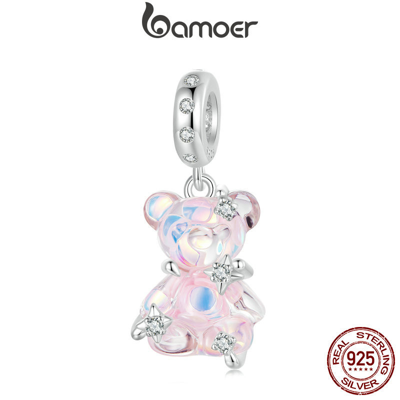 Mặt trang trí BAMOER bằng bạc sterling 925 hình chú gấu làm phụ kiện vòng tay/dây chuyền
