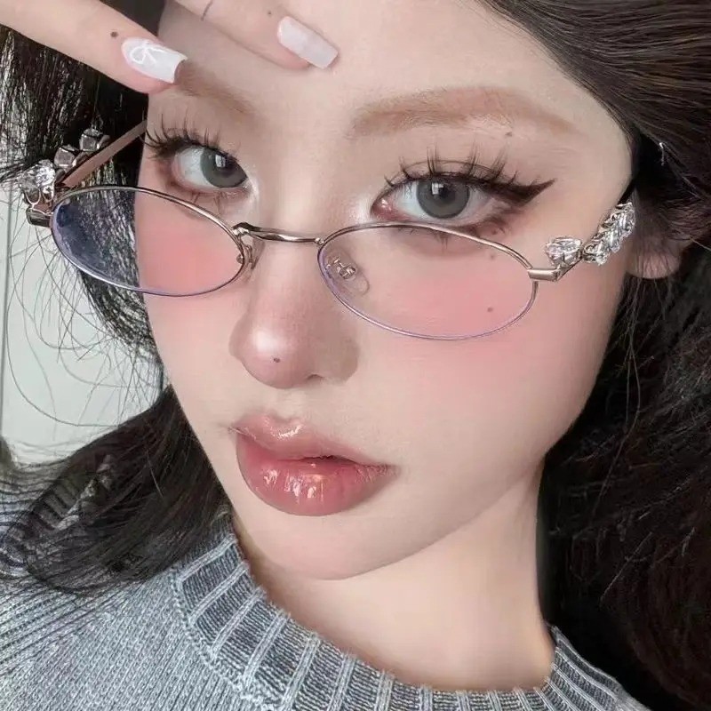 Kính khung kim loại kim loại sang trọng - Kính mắt phẳng hình bầu dục khung nhỏ - viền kim cương cổ điển - Kính mắt đọc sách thời trang - Kính mắt trang trí nữ