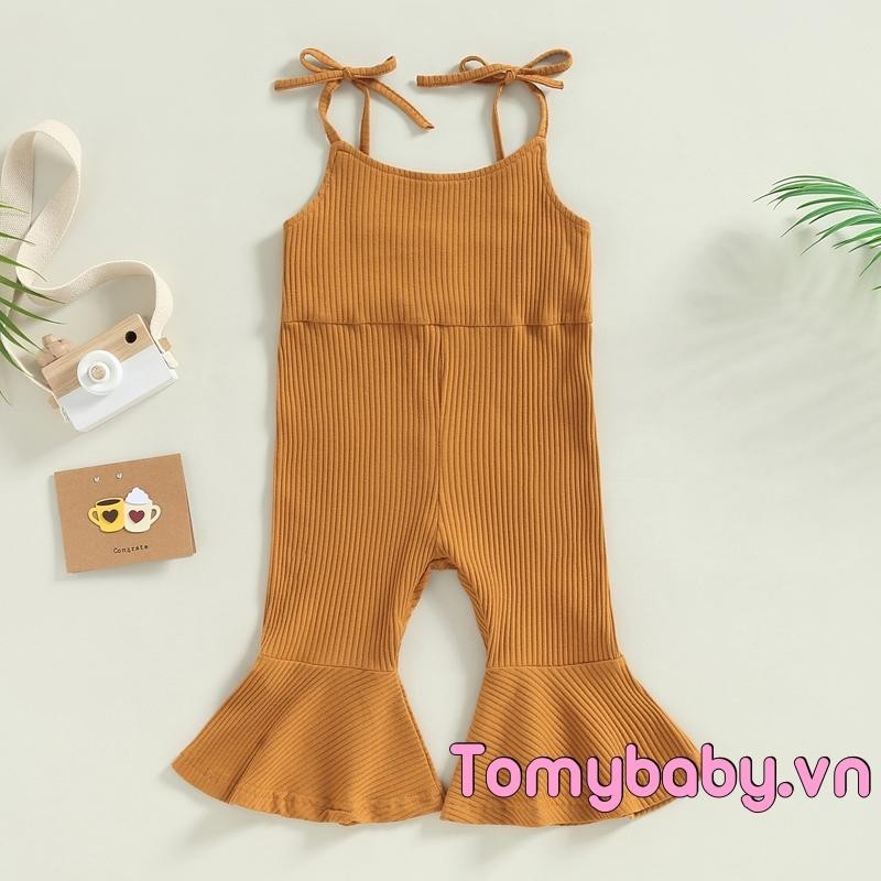 Bộ áo liền quần mùa hè cho bé gái mới biết đi Dây buộc không tay có gân Romper Bell Đáy cho trẻ sơ sinh