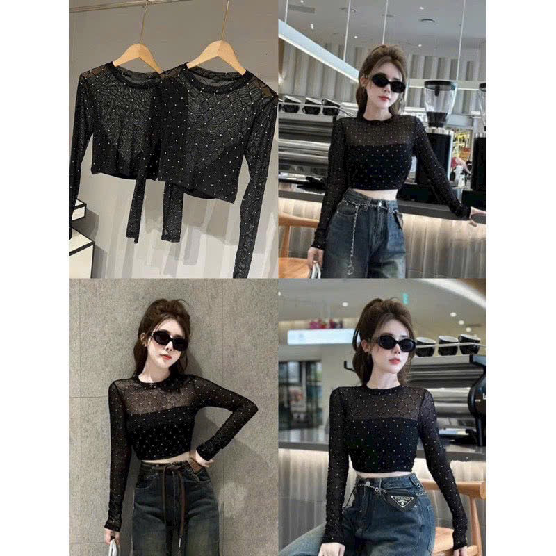 [RẺ VÔ ĐỊCH] Sét áo lưới nhũ QUẢ TRÁM [Áo ống+ lưới xỏ ngón] tay dài croptop cổ tròn sexy ôm dáng body hót nữ-Thiên Yết