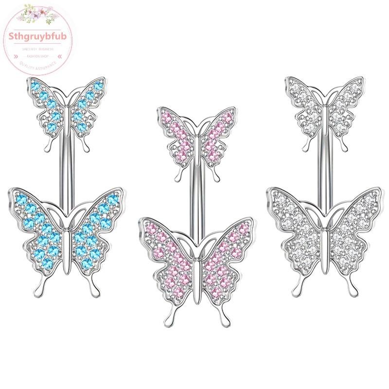 Sthb Thép không gỉ Hai Đầu Bướm Zircon Xuyên Bụng Giả Nút Nhẫn Trang Sức Cơ Thể Cho Nữ Đồ Trang Trí VN