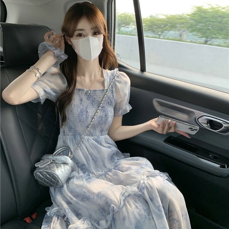 Đầm dài A-line tay phồng hoa phong cách Pháp cho phụ nữ mùa hè mới ngọt ngào cao cấp eo thon