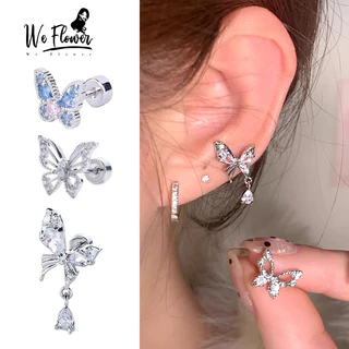 WeFlower Thanh Lịch s925 Bạc Sáng Pha Lê Bướm Vít Bông Tai Nữ Thời Trang Xuyên Tai Trang Sức