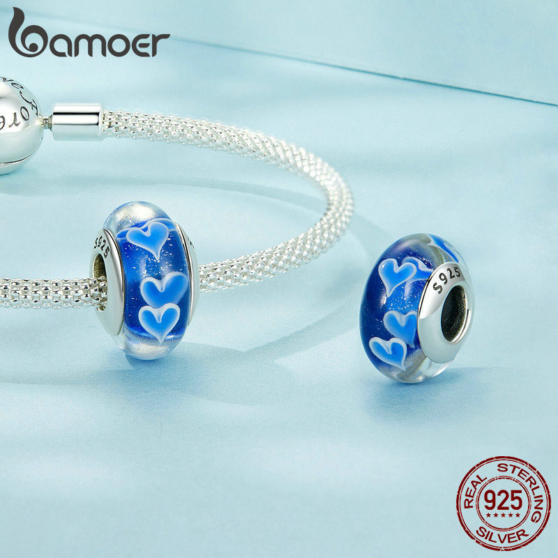 Bamoer 925 Sterling Sliver Charm Trái Tim Xanh Hoa Murano Hạt Mặt Dây Chuyền Phụ Kiện Series Cho Vòng Tay