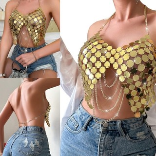 Hum Nữ Kim Sa Lấp Lánh Dây Crop Top Kim Loại Tua Rua Backless Camisole Body Chain
