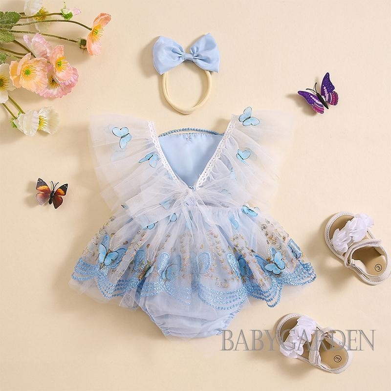 Baga-baby Bé Gái Rompers Có Băng Đô Ren Viền Họa Tiết Bướm Thêu Bay Tay Áo Tulle Viền Trẻ Sơ Sinh Body Quần Áo
