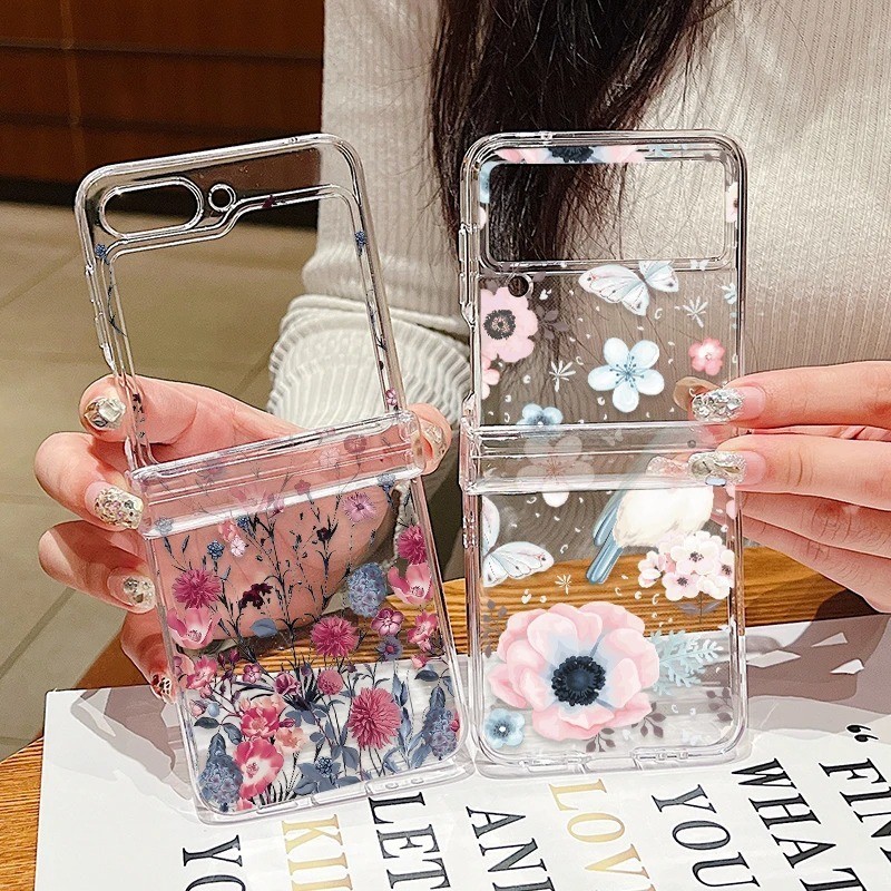 Ốp Điện Thoại Gấp Siêu Mỏng Trong Suốt Chống Sốc Cho Samsung Galaxy Z Flip 5 Flip 4 Flip 3 Ốp Lưng Full Bản Lề Hoa Trong Suốt Bìa Cứng