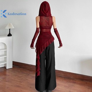 Kudosation Áo thun không tay có mũ trùm đầu lưới dành cho nữ Slim Fit Phong cách đường phố Áo Vest Slim Fit Hot Girl Đẹp