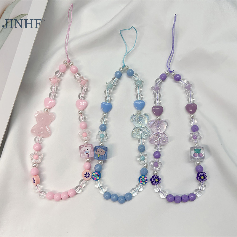 Jinhf Gấu Nơ Điện Thoại Di Động Móc Khóa Đính Hạt Chống Rơi Vòng Tay Acrylic Pha Lê Dễ Thương HOT