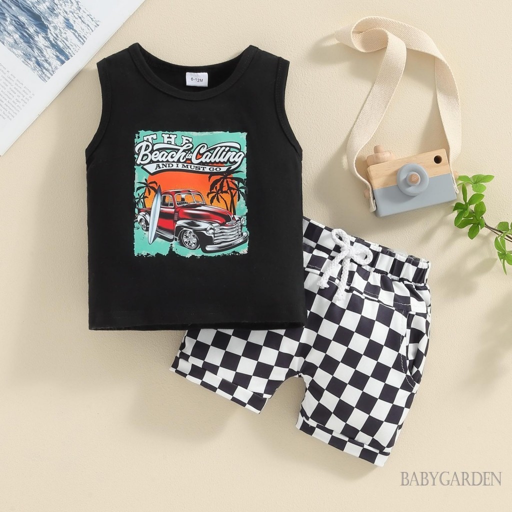 Baga-6 Tháng-4 Tuổi Bé Trai Bộ Chữ In Hình Ô Tô Áo Tank Không Tay + Checkerboard Quần Short Eo Co Giãn Mùa Hè