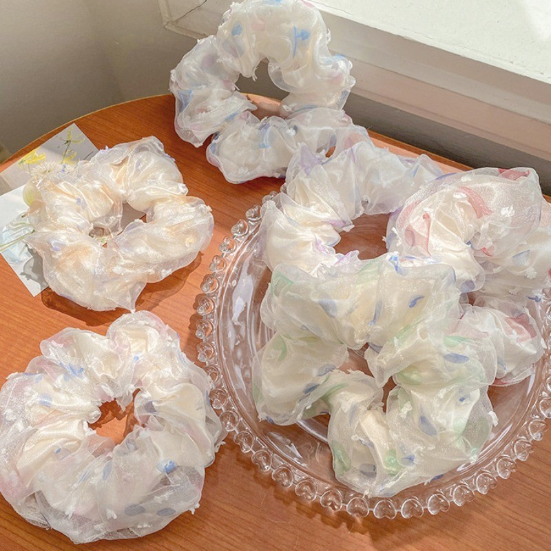 Dây Buộc Tóc Scrunchies Lưới 2 Lớp  Họa Tiết Xinh Xắn Nhiều Màu Co Giãn Phụ Kiện Tóc Nữ và Bé Gái