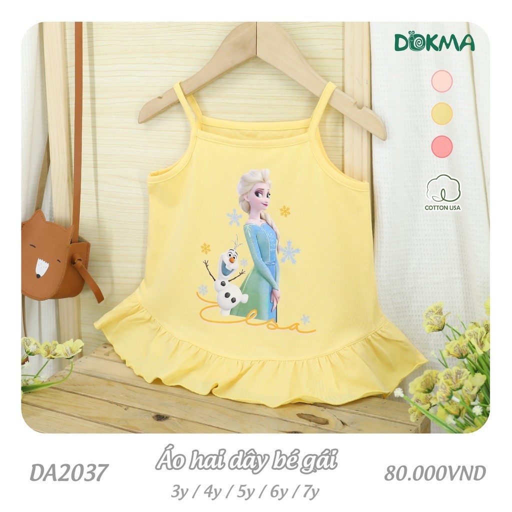 (13-25kg) Áo Hai Dây Bé Gái Phối Viền Bèo Hoạ Tiết Elsa Dokma DA2037
