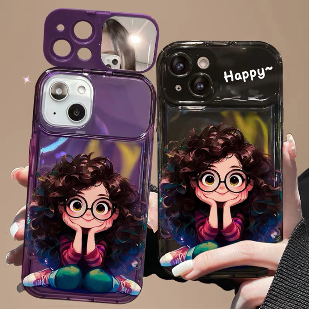 Cô Gái Có Kính Xoăn Tóc Ốp Lưng Điện Thoại iPhone 17ProMax 16Plus 15 14 13 12 11 Bảo Vệ Toàn Diện Chống Sốc Lật Gương Gấp Giá Đỡ Bao