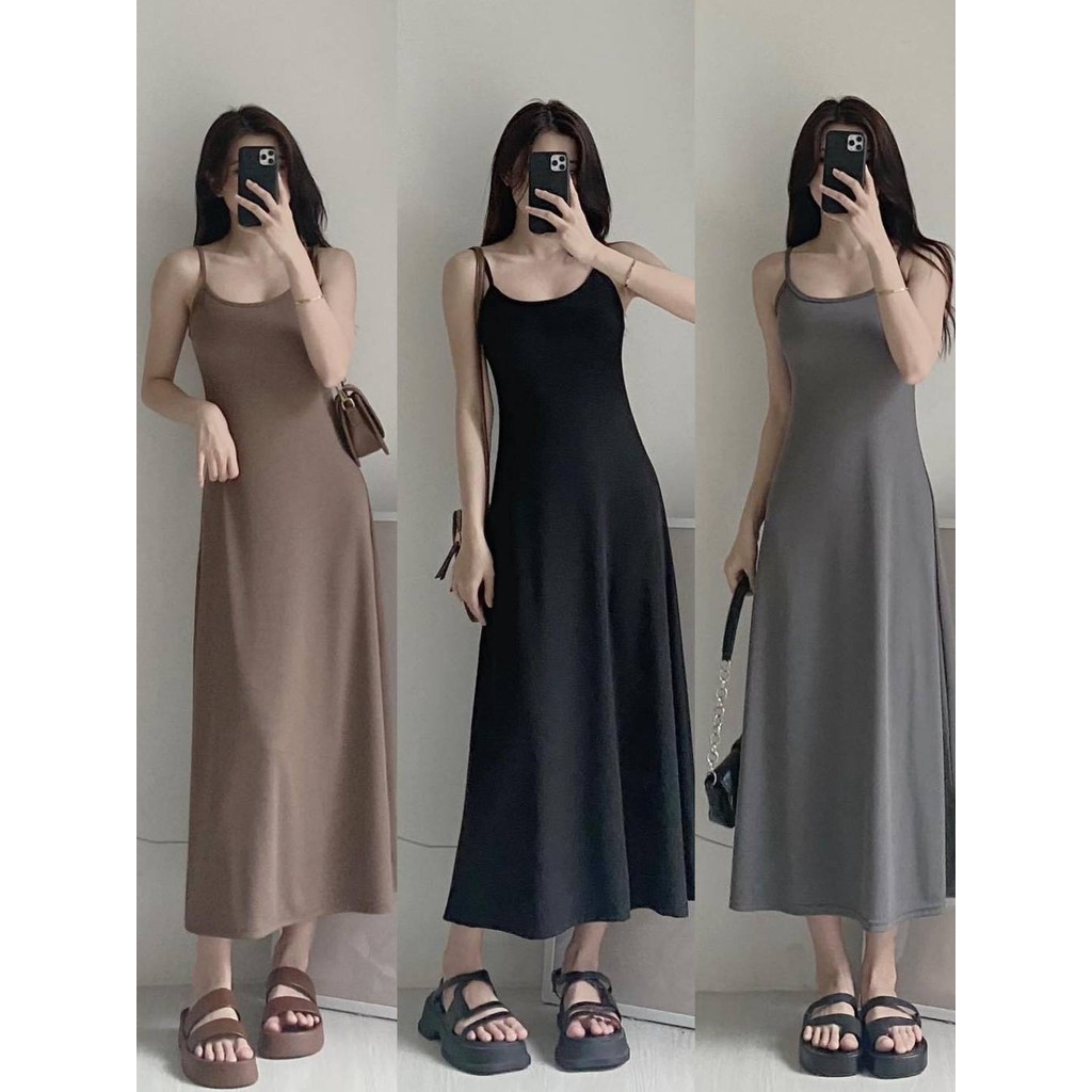 Đầm Body Nữ Hai Dây Dáng Dài Basic Ulzzang Chất Thun Gân Trung Dày Dặn Tôn Dáng - D020
