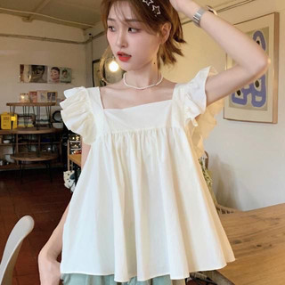Kích Thước Lớn Có Thể Mặc Phong Cách Thường Ngày Màu Trơn Đơn Giản Cổ Vuông Nơ Voan / Vải Polyester Phong Cách Pháp Phiên Bản Hàn Quốc Mùa Hè Phong Cách Mới Bay Tay Áo Bé Gái Ngọt Ngào Nhỏ Tươi Cao Cấp Xù Ôm Hơn Nhìn Áo Sơ Mi Áo Sơ Mi Áo Vest