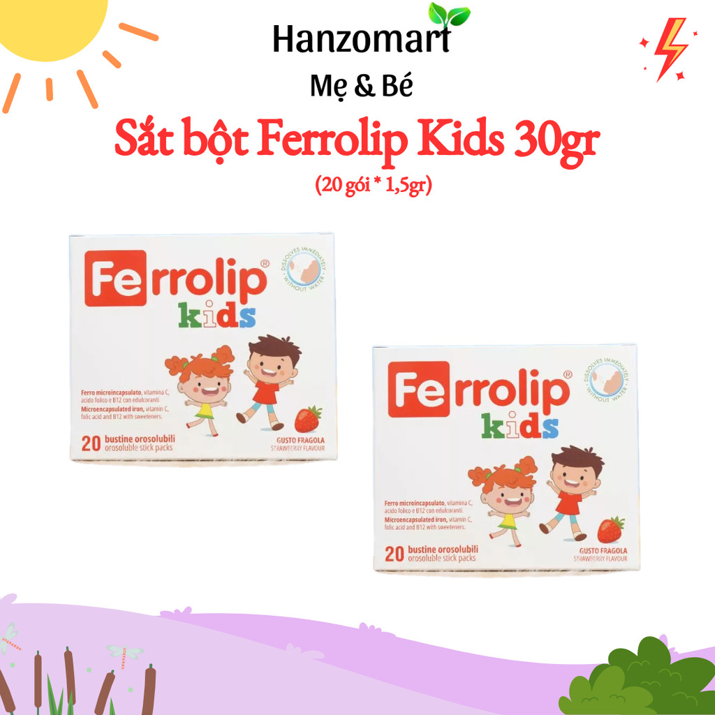 Sắt ferrolip kids sinh học Bổ Sung Sắt Dạng Liposome Vitamin Dễ Hấp Thu Không Tanh Vị Dâu Hộp 20 Gói