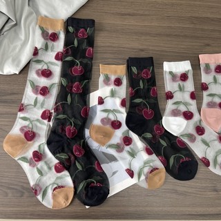 [Tất nữ oklife] Sợi thủy tinh sợi nhỏ màu đỏ Cherry Jacquard nhiều màu mùa hè Tất mỏng vừa vặn dễ thương Tất mỏng thoáng khí Tất bắp chân