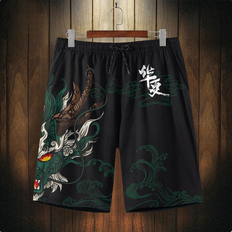 Quần short phong cách Trung Quốc cho nam, in hình rồng, mùa hè, thời trang, rộng rãi, kích thước lớn, quần bãi biển nhanh khô