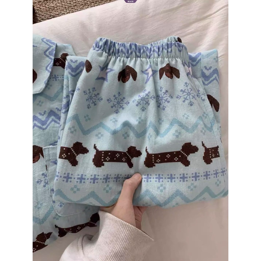 Bộ đồ ngủ dễ thương Isle Dachshund dành cho nữ Xuân Thu 2025 Quần dài tay mới Bộ đồ mặc nhà [BL]