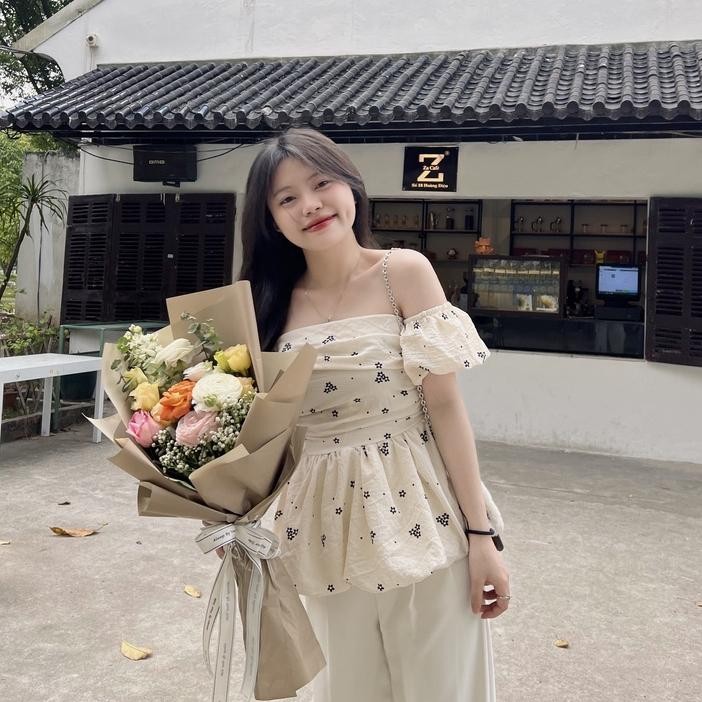 Áo trễ vai nữ tay bồng hoa nhí 1 lớp, áo bẹt vai ra phồng chun lưng tiểu thư