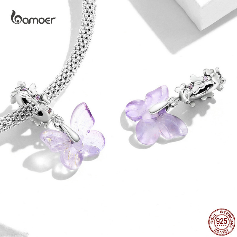 Charm bạc 925 BAMOER hình bướm /hoa tím / cầu vồng làm trang sức DIY SCC2274
