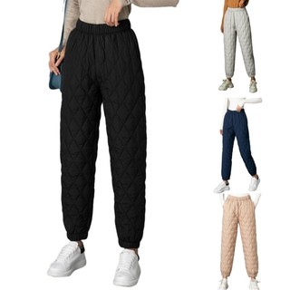 Hum Quần Joggers Lưng Cao Cotton Chần Bông Họa Tiết Kim Cương Chống Gió Mùa Đông Ấm Áp Cho Nữ