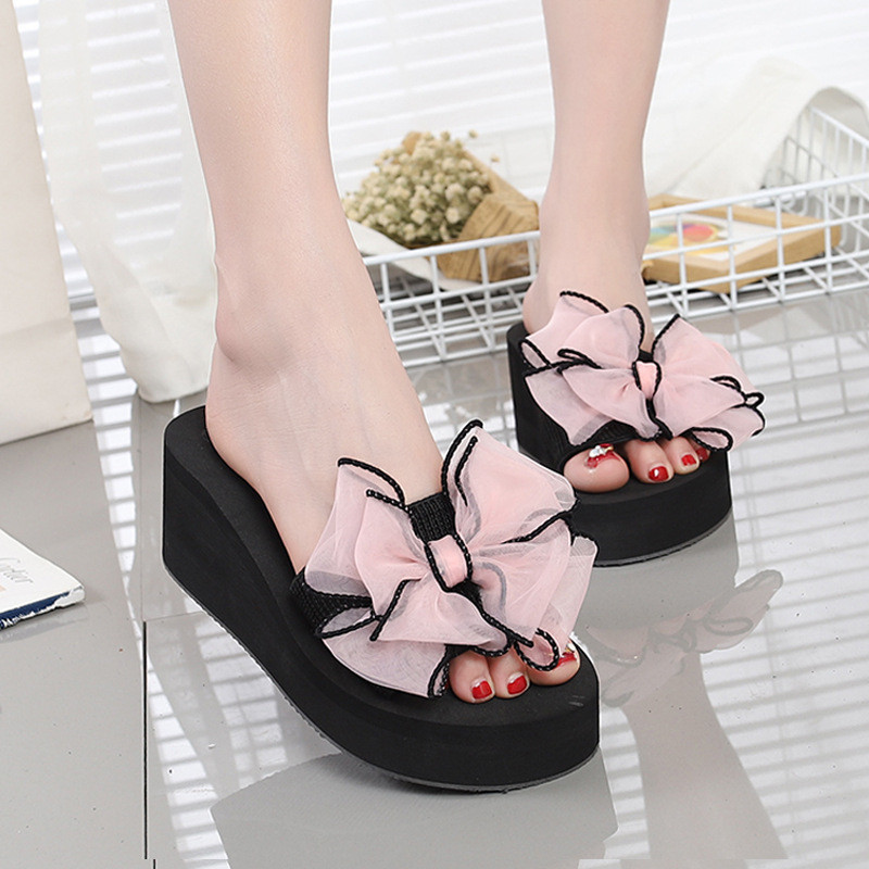 Xăng đan Nữ Nơ Mùa Hè Dép Trong Nhà Ngoài Trời Đi Biển Giày Nữ Mùa Hè Dép Lật Đế Dày 4cm
