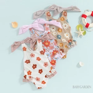 Baga-1-6 Tuổi Bé Gái Đồ Bơi In Hoa Nơ Dây Đeo Vai Đi Biển Không Tay Xù Đi Biển Mùa Hè Đi Biển Bộ Đồ Tắm