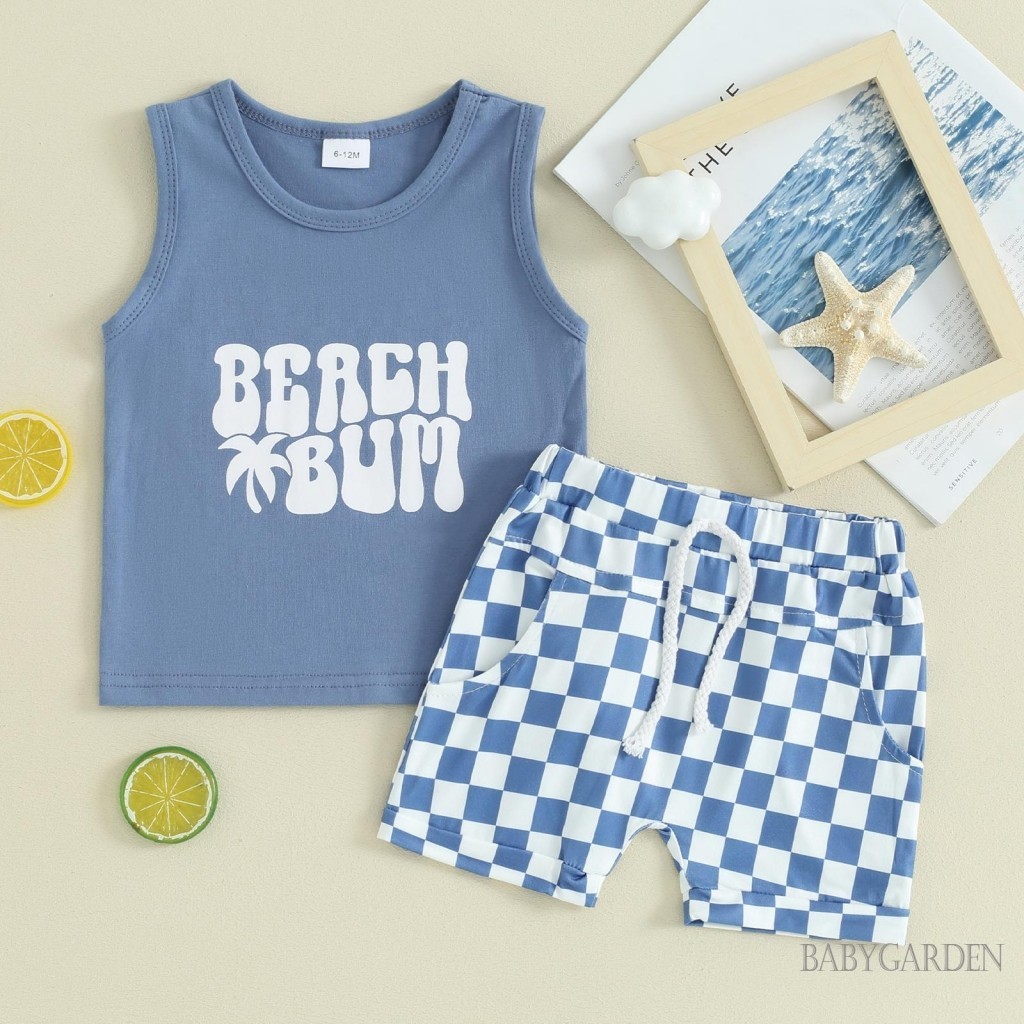 Baga-6 Tháng-4 Tuổi Bé Trai Bộ Chữ In Hình Ô Tô Áo Tank Không Tay + Checkerboard Quần Short Eo Co Giãn Mùa Hè