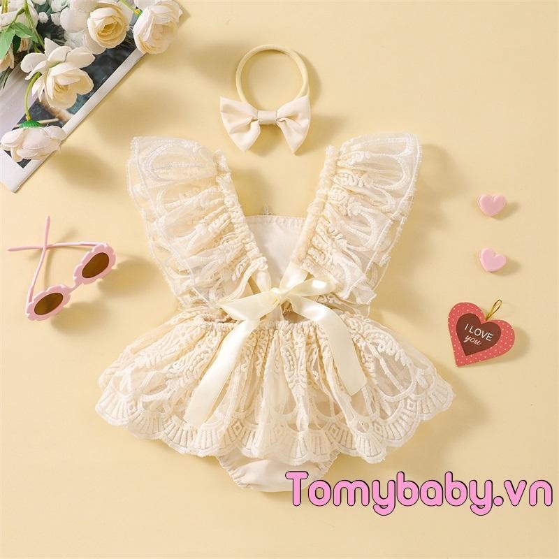 Bé Gái Mùa Hè Ren Romper Đầm 3D Hoa Bay Tay Vuông Cổ Áo liền quần + Nơ Đầu Bộ 2 Chiếc