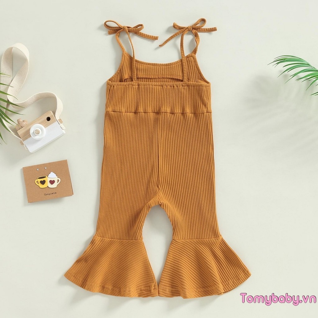 Bộ áo liền quần mùa hè cho bé gái mới biết đi Dây buộc không tay có gân Romper Bell Đáy cho trẻ sơ sinh
