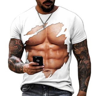 Thời Trang Mùa Hè Cá Tính Ngực Cơ abs Đồ Họa Áo Nam Hip Hop Bông Tai Kẹp 3D Ngộ nghĩnh In Hình Tay Ngắn Tee Top