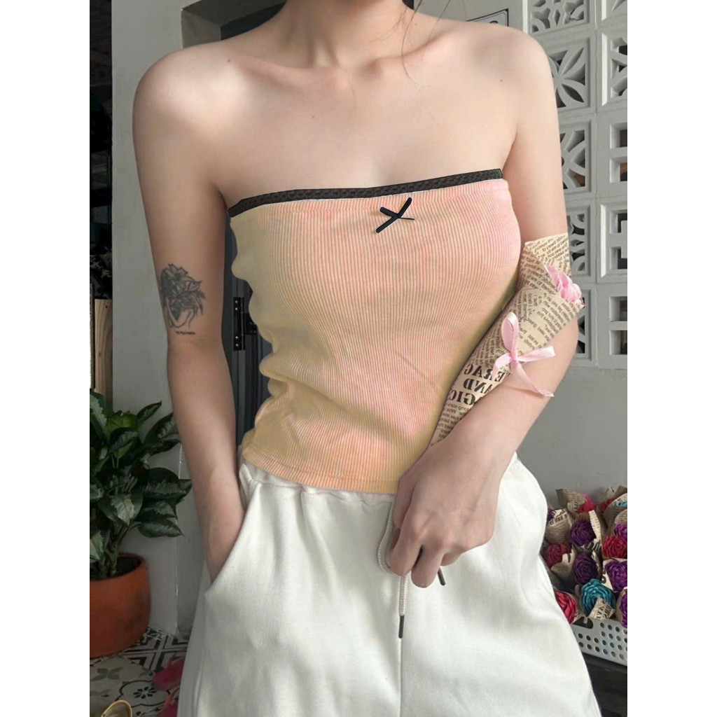 BARE_Áo quây nữ phối ren và nơ điệu đà, Áo quây không mút ngực ôm body - A204