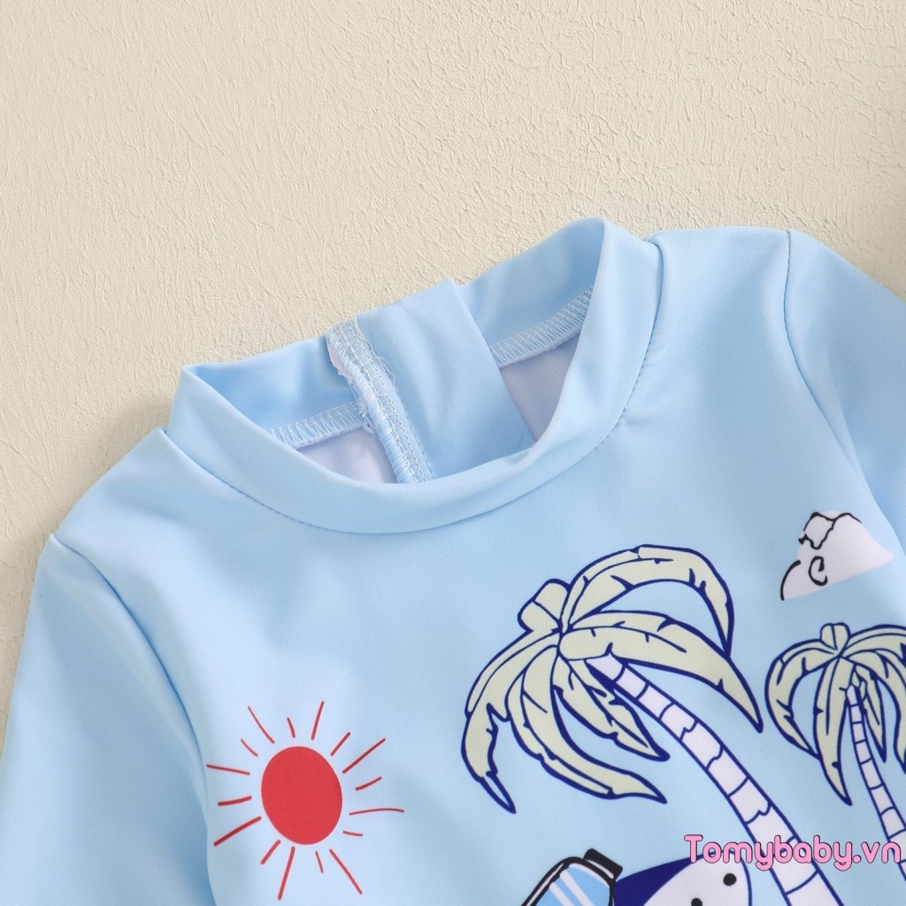 Bộ đồ bơi bé trai họa tiết chống nắng Áo cổ tròn dài tay + Quần short cá mập + Bộ mũ bơi