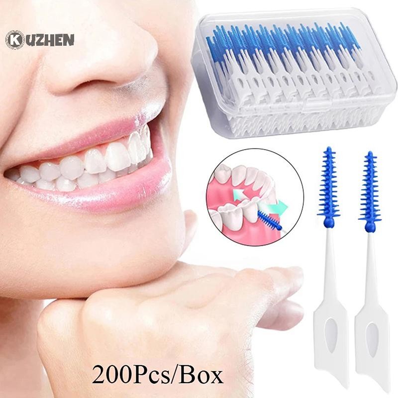 Kuzhen Bàn chải silicon kẽ răng 200 chiếc Bàn chải tăm nha khoa giữa răng có ren Dụng cụ làm sạch răng miệng HOT