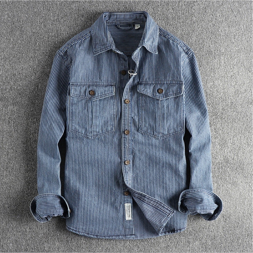 Áo sơ mi denim sọc phong cách Retro_Biker_Army