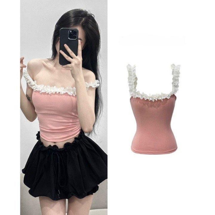 (Bán lẻ set) Áo hai dây nữ ôm body phối ren làm điểm nhấn chất thun borip ôm tôn dáng mix quần váy xoè- A3