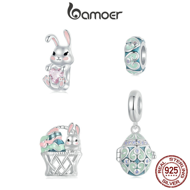 Bamoer 925 Sterling Sliver Charm Phục Sinh Trứng May Mắn Thỏ Trứng Mặt Dây Chuyền Phụ Kiện Series Cho Vòng Tay